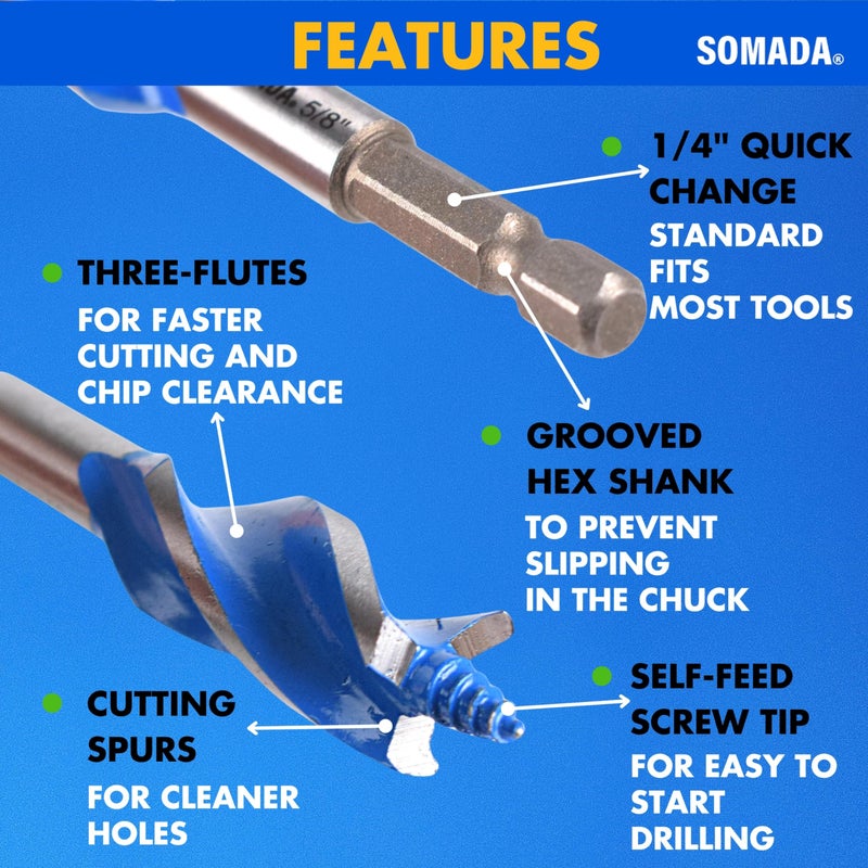 SOMADA Auger Drill Bit Set for Wood  5-Piece  1/2""  5/8""  3/4""  7/8"" and 1"" Inch Size  4-Inch Long with Storage Case  Impact Wood Auger Set with Quick Change - Image 3